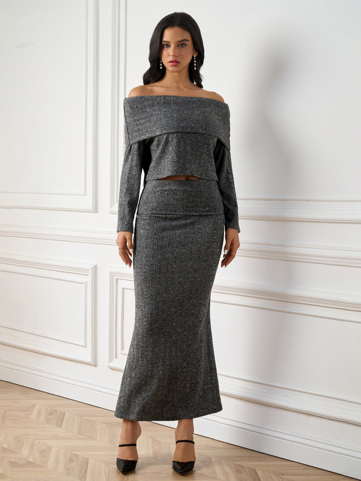 ANALEE Elegant Off-Shoulder Solid Long-Sleeve Ruched Bodycon Maxi Dress