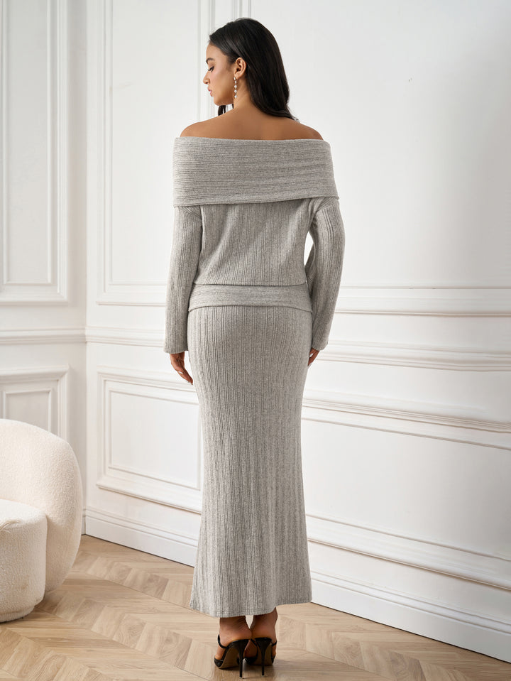 ANALEE Elegant Off-Shoulder Solid Long-Sleeve Ruched Bodycon Maxi Dress