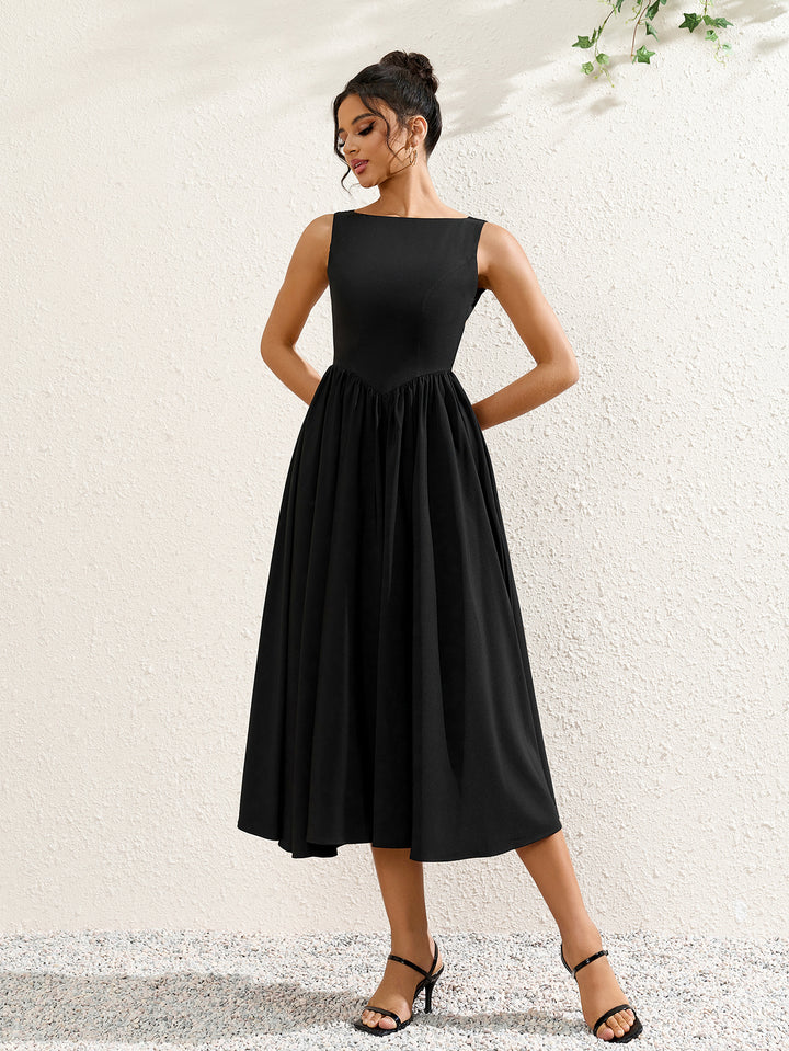 CELIADAR Elegant Solid Sleeveless Backless Ruched Midi Dress