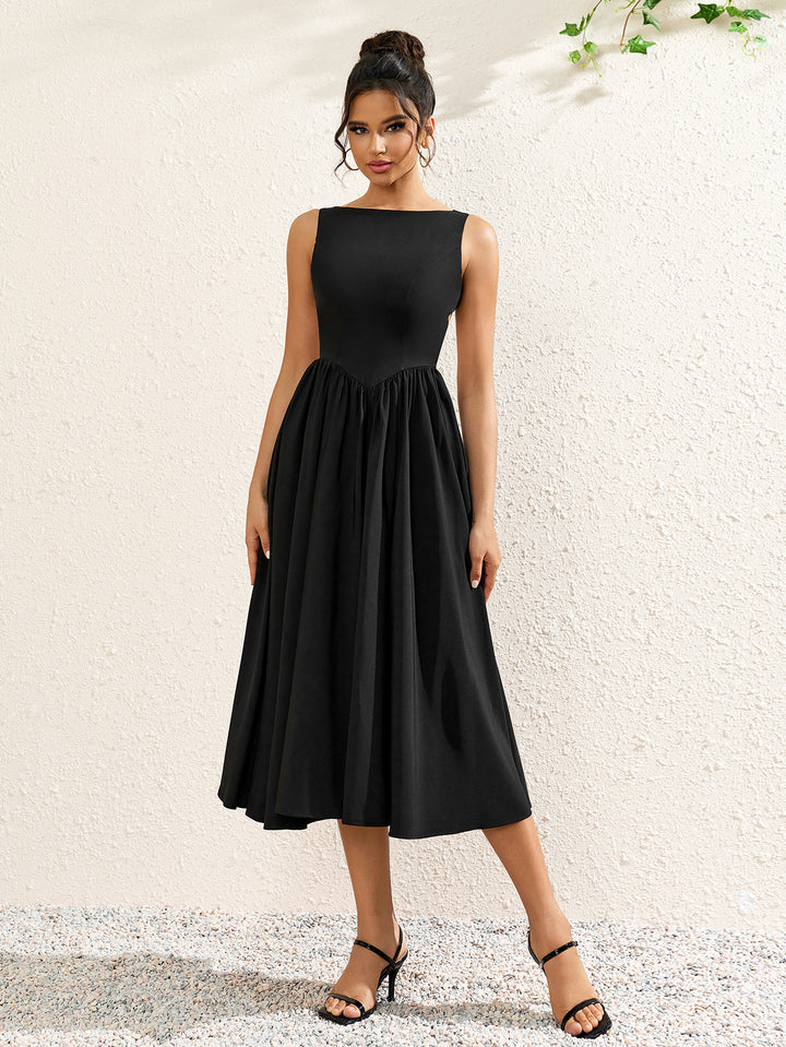 CELIADAR Elegant Solid Sleeveless Backless Ruched Midi Dress