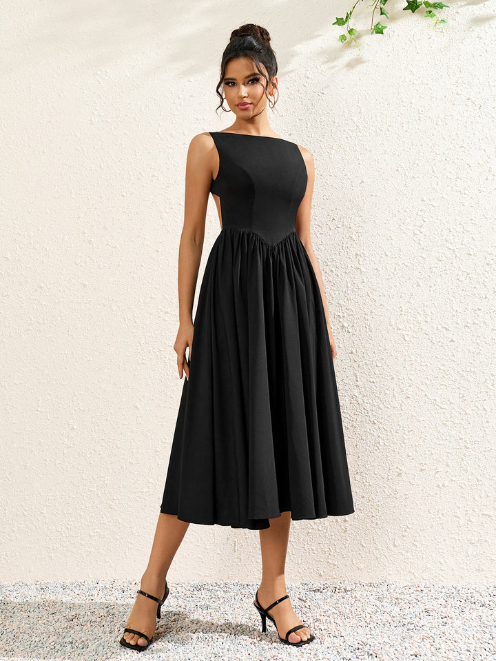 CELIADAR Elegant Solid Sleeveless Backless Ruched Midi Dress