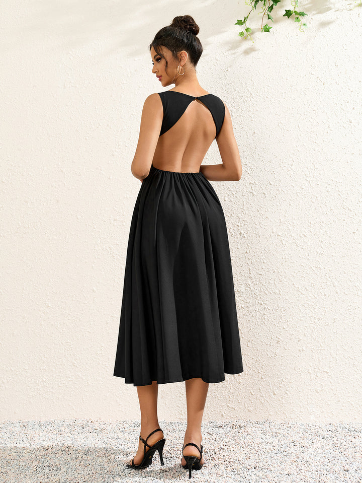 CELIADAR Elegant Solid Sleeveless Backless Ruched Midi Dress