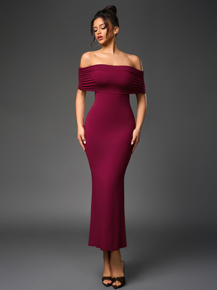 ALANIS Sexy Slim Backless Ruched Strapless Solid Bodycon Maxi Dress