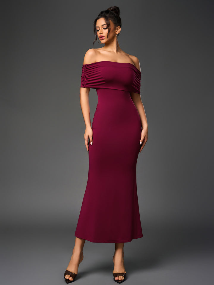 ALANIS Sexy Slim Backless Ruched Strapless Solid Bodycon Maxi Dress