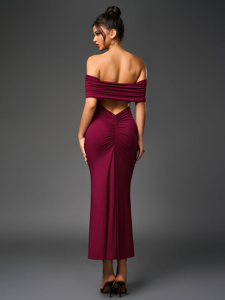 ALANIS Sexy Slim Backless Ruched Strapless Solid Bodycon Maxi Dress