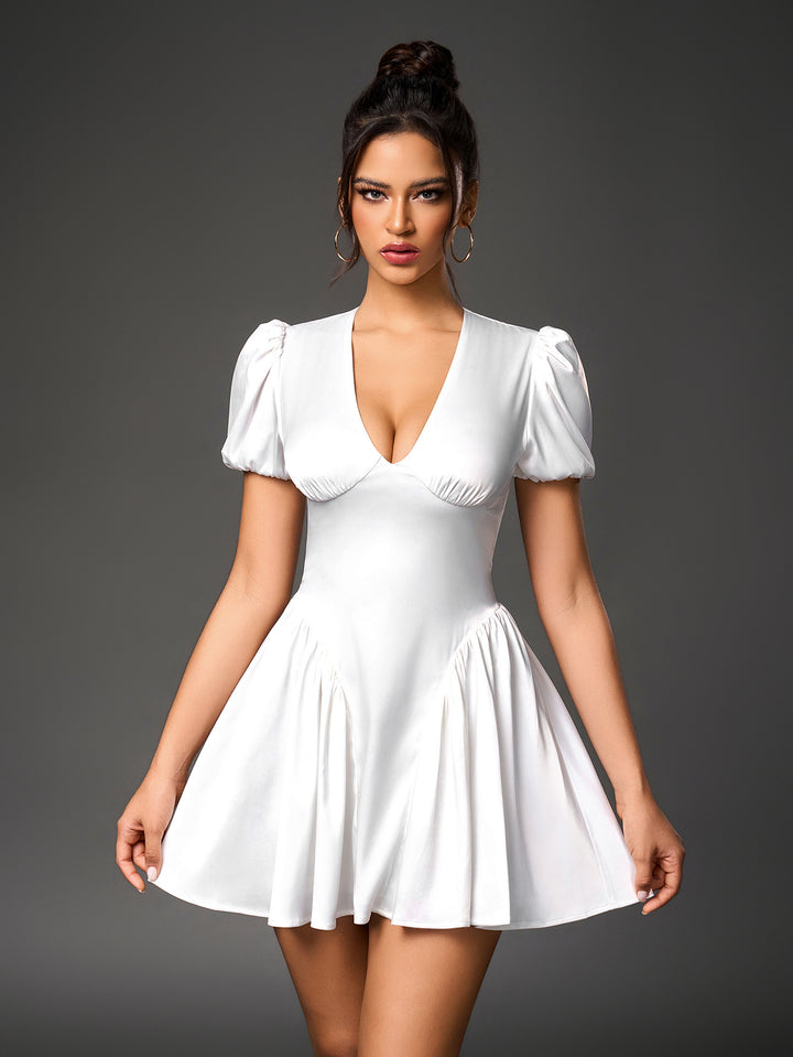 ADELLA Sexy Solid V-Neck Puff Sleeve Slim Ruched Mini Dress