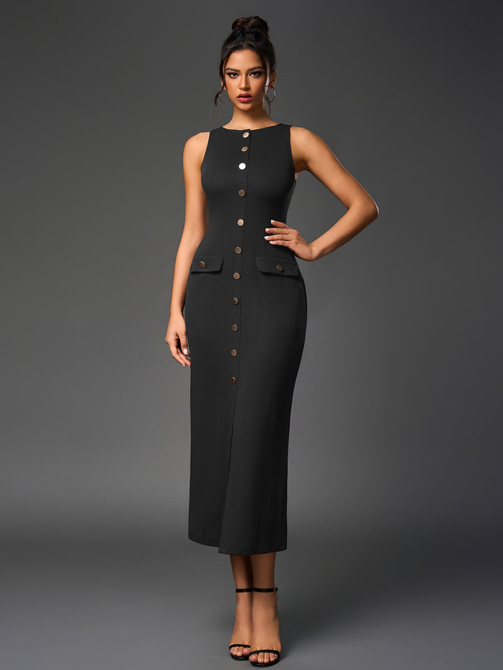 BRENDA Temperament Round-Neck Sleeveless Single-Breasted Bodycon Maxi Dress