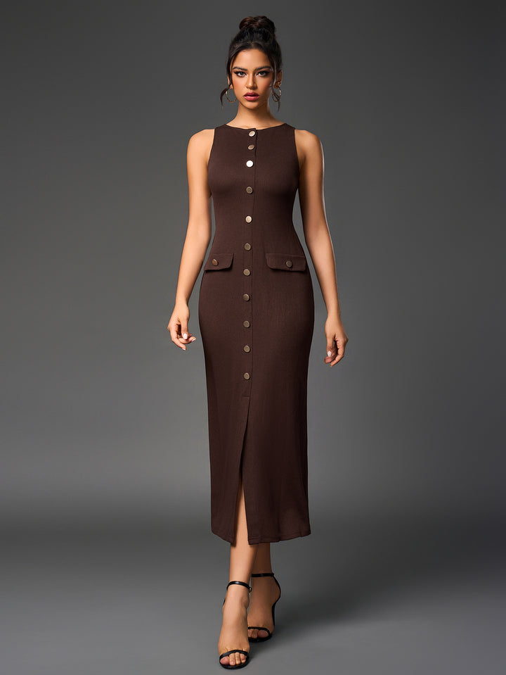 BRENDA Temperament Round-Neck Sleeveless Single-Breasted Bodycon Maxi Dress