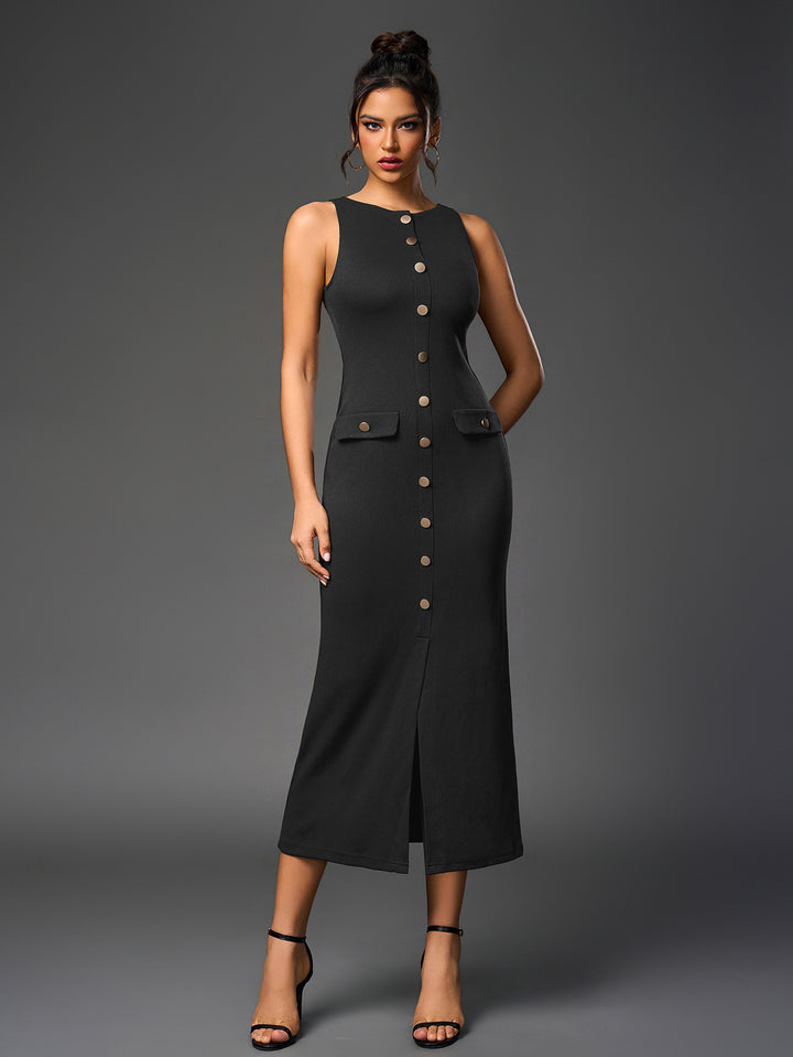 BRENDA Temperament Round-Neck Sleeveless Single-Breasted Bodycon Maxi Dress