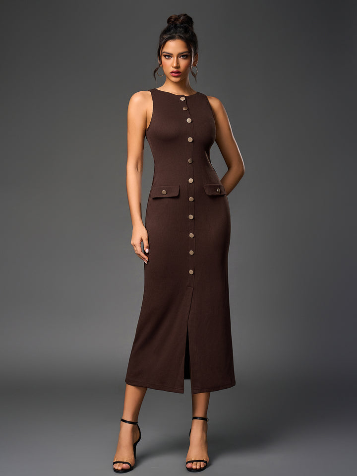 BRENDA Temperament Round-Neck Sleeveless Single-Breasted Bodycon Maxi Dress