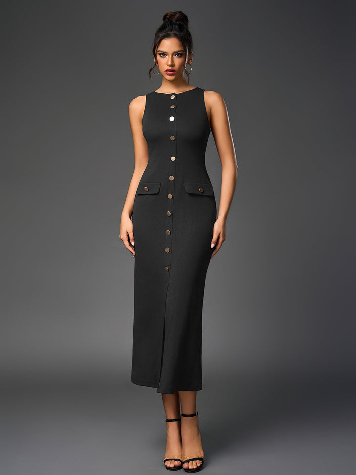 BRENDA Temperament Round-Neck Sleeveless Single-Breasted Bodycon Maxi Dress