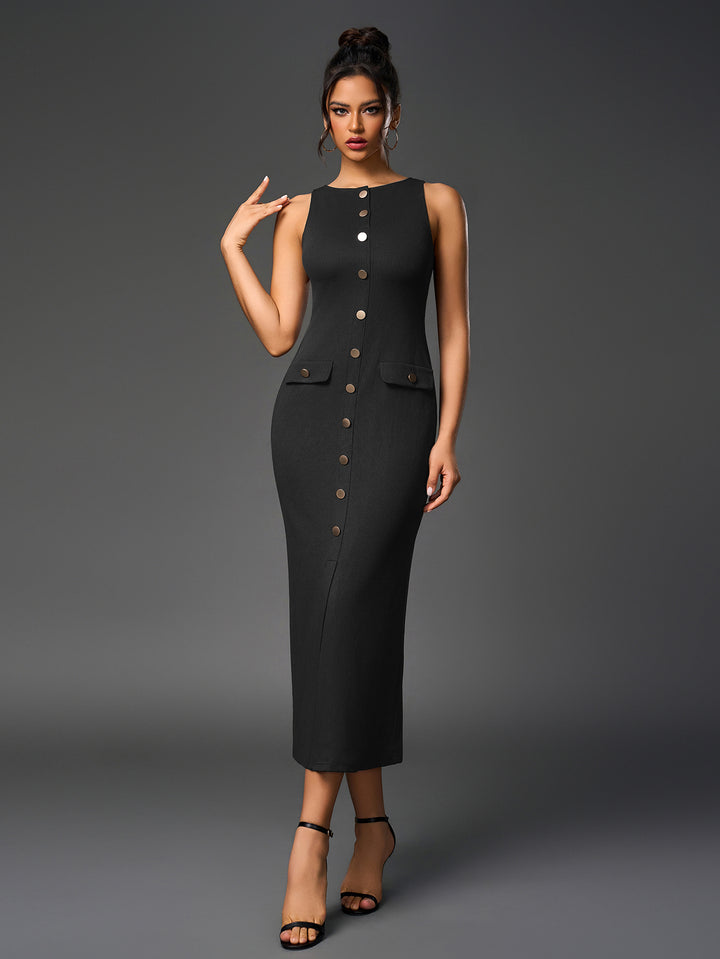 BRENDA Temperament Round-Neck Sleeveless Single-Breasted Bodycon Maxi Dress