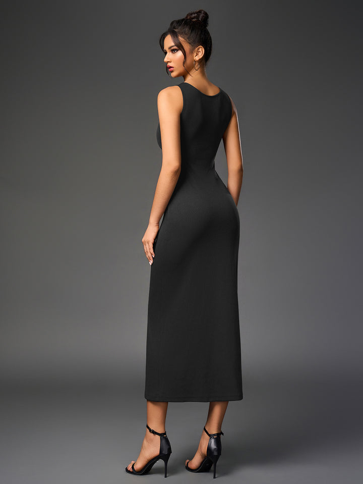 BRENDA Temperament Round-Neck Sleeveless Single-Breasted Bodycon Maxi Dress