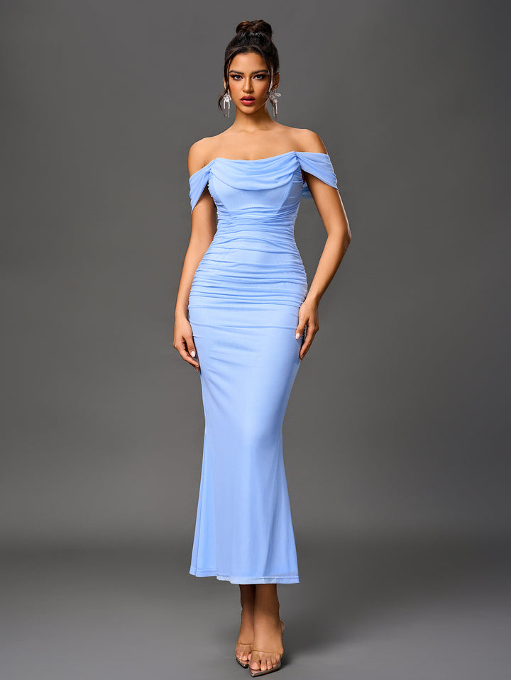 ASHTON Sexy Off-Shoulder Mesh Bandeau Bodycon Maxi Dress