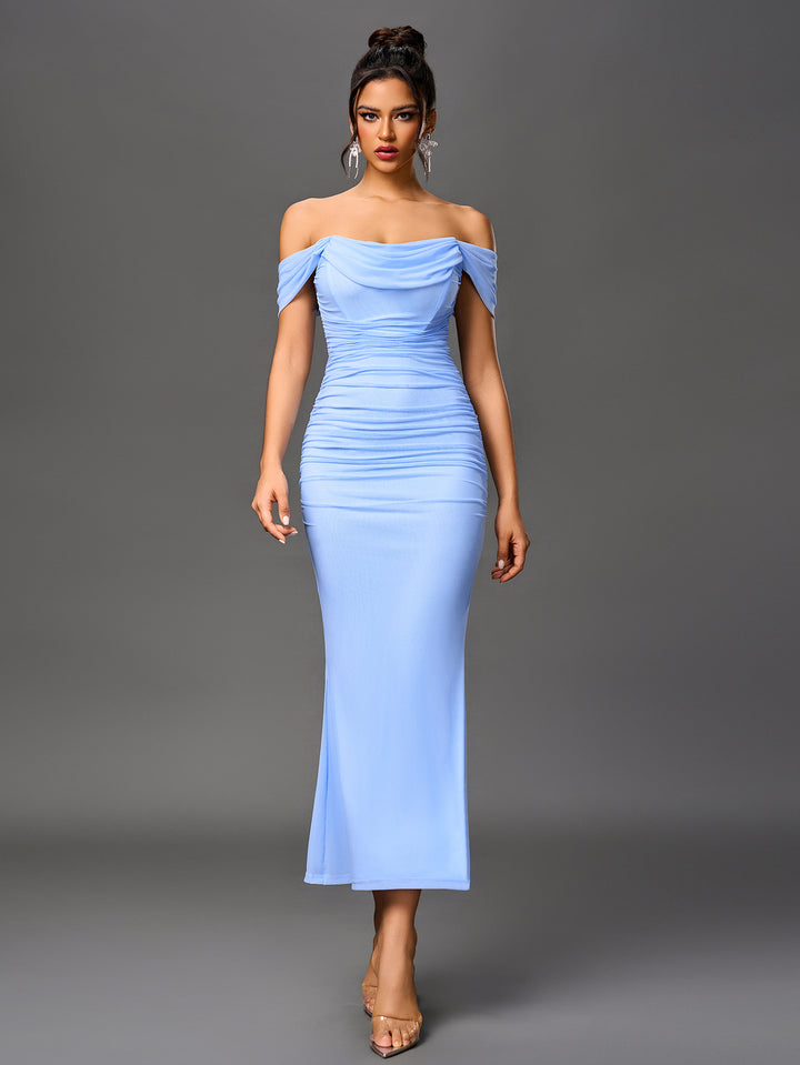 ASHTON Sexy Off-Shoulder Mesh Bandeau Bodycon Maxi Dress