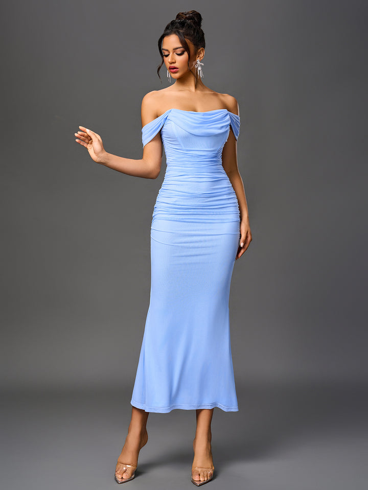 ASHTON Sexy Off-Shoulder Mesh Bandeau Bodycon Maxi Dress