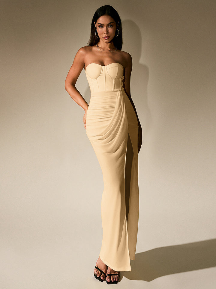 HANNA Temperament Mesh Solid High Slit Strapless Ruched Maxi Dress