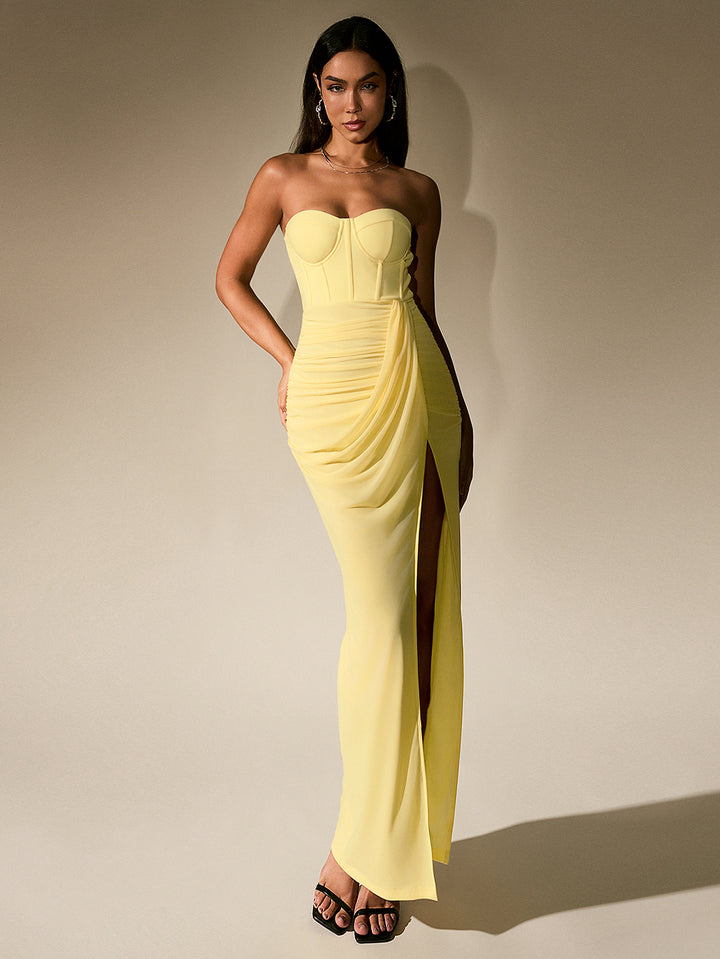 HANNA Temperament Mesh Solid High Slit Strapless Ruched Maxi Dress