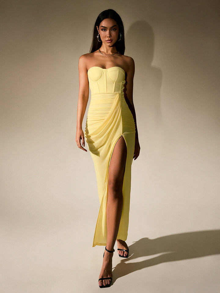 HANNA Temperament Mesh Solid High Slit Strapless Ruched Maxi Dress