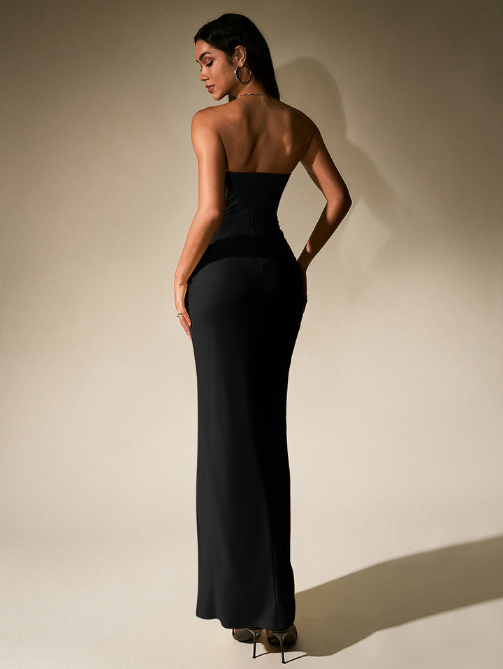 HANNA Temperament Mesh Solid High Slit Strapless Ruched Maxi Dress