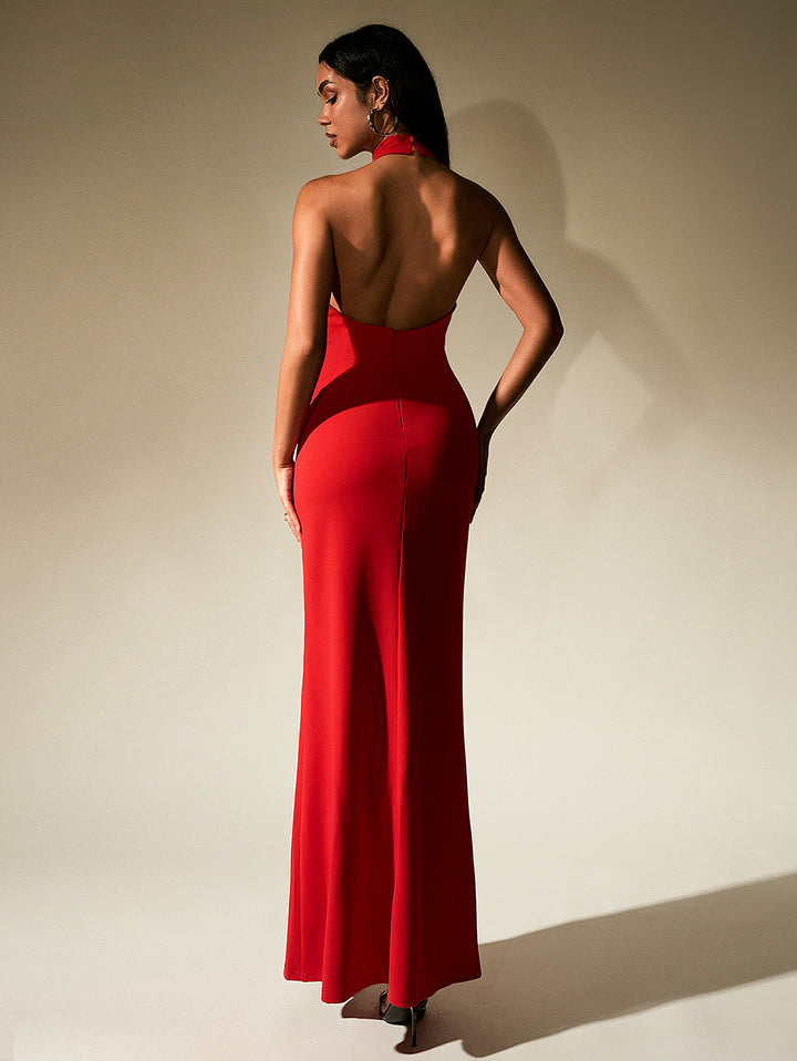 GRETA Solid Sleeveless Backless Halter Neck Bodycon Maxi Dress