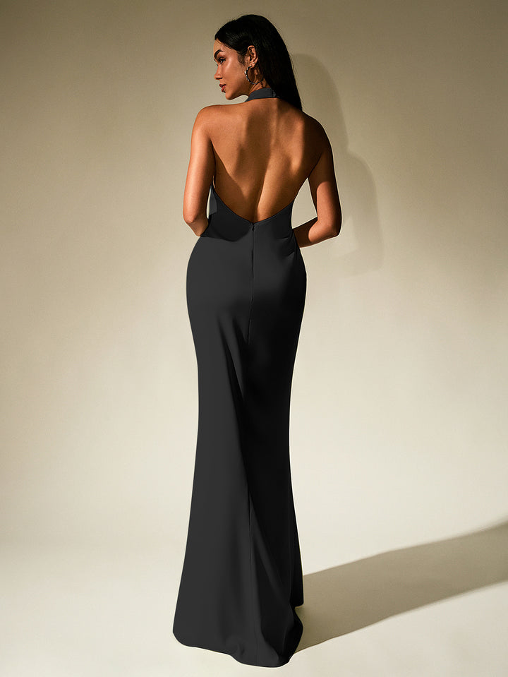 GUINEVERE Temperament Solid Sleeveless Halter Neck Backless Bodycon Maxi Dress