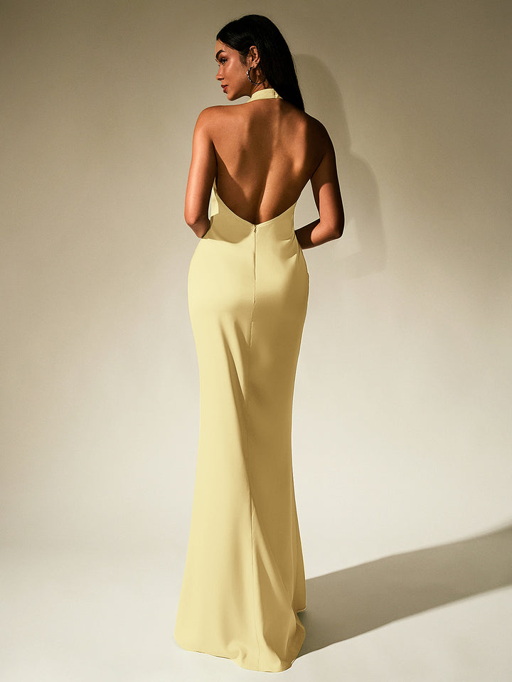 GUINEVERE Temperament Solid Sleeveless Halter Neck Backless Bodycon Maxi Dress