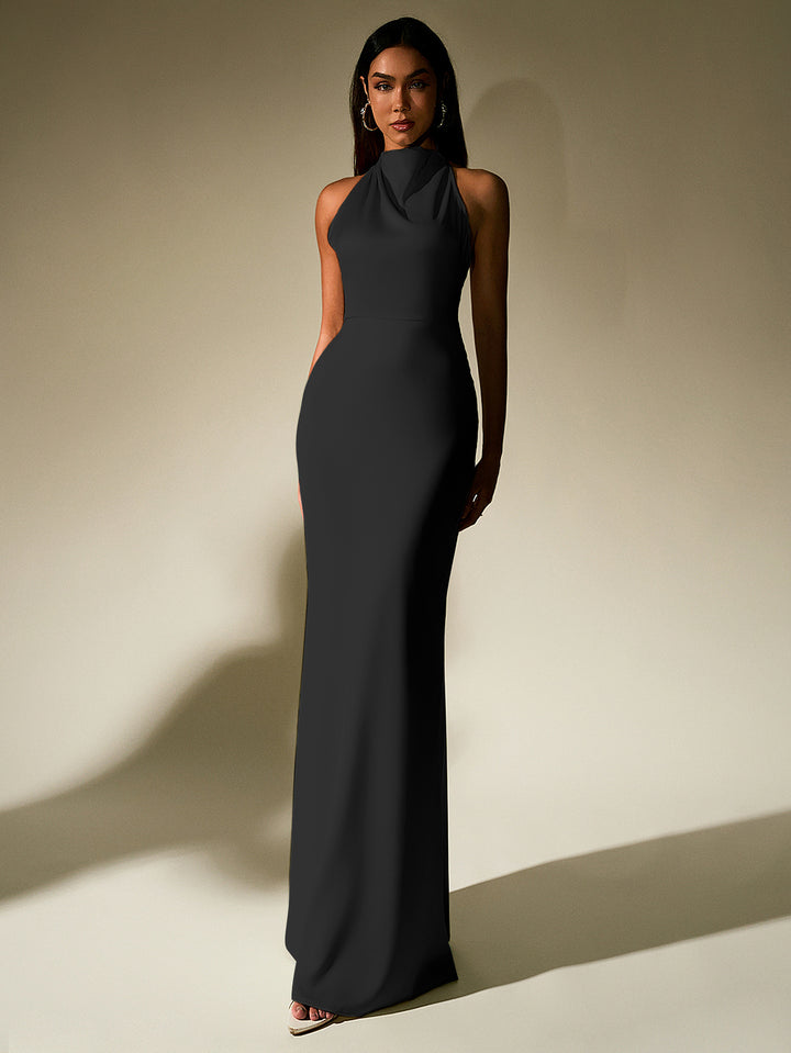 GUINEVERE Temperament Solid Sleeveless Halter Neck Backless Bodycon Maxi Dress