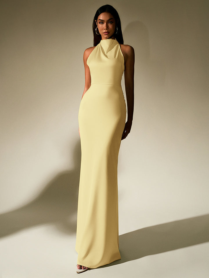 GUINEVERE Temperament Solid Sleeveless Halter Neck Backless Bodycon Maxi Dress