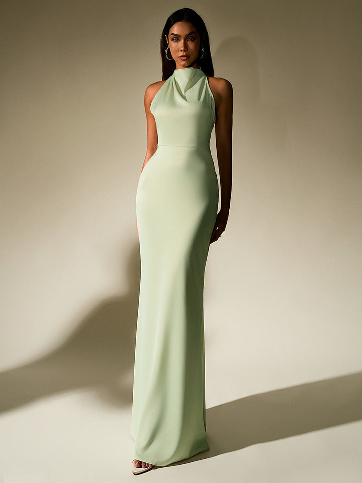 GUINEVERE Temperament Solid Sleeveless Halter Neck Backless Bodycon Maxi Dress