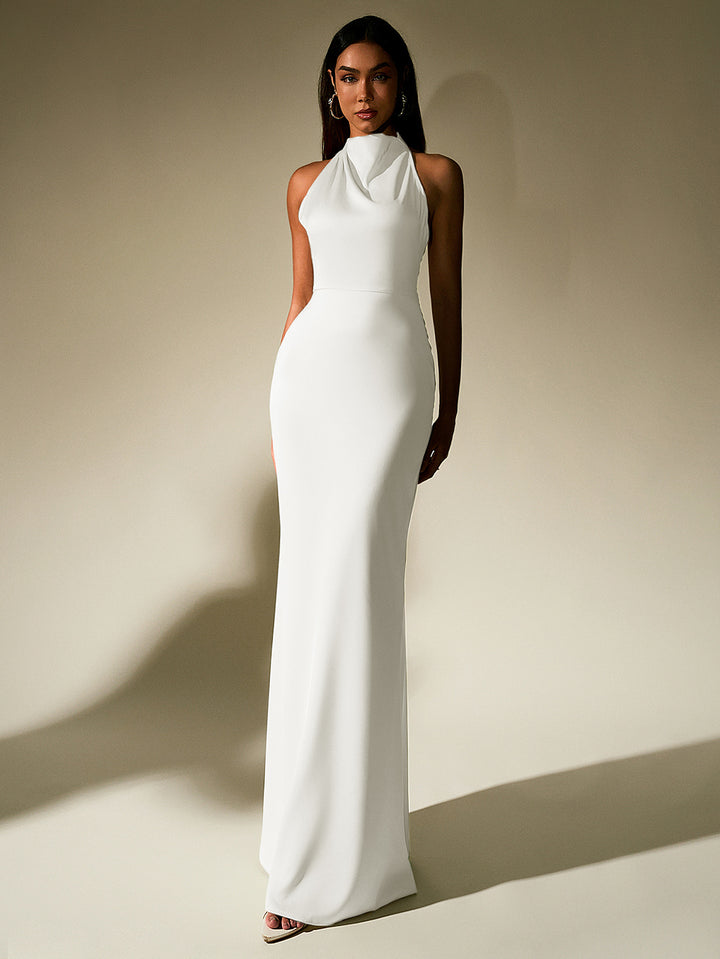 GUINEVERE Temperament Solid Sleeveless Halter Neck Backless Bodycon Maxi Dress