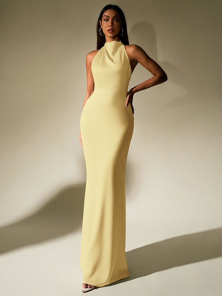 GUINEVERE Temperament Solid Sleeveless Halter Neck Backless Bodycon Maxi Dress