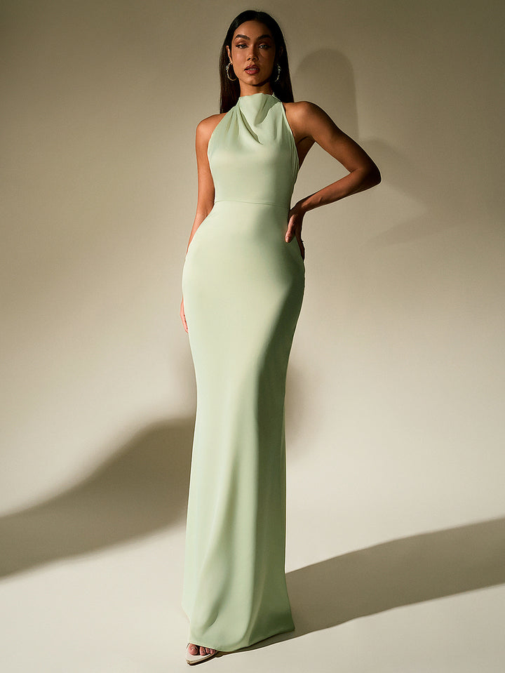 GUINEVERE Temperament Solid Sleeveless Halter Neck Backless Bodycon Maxi Dress