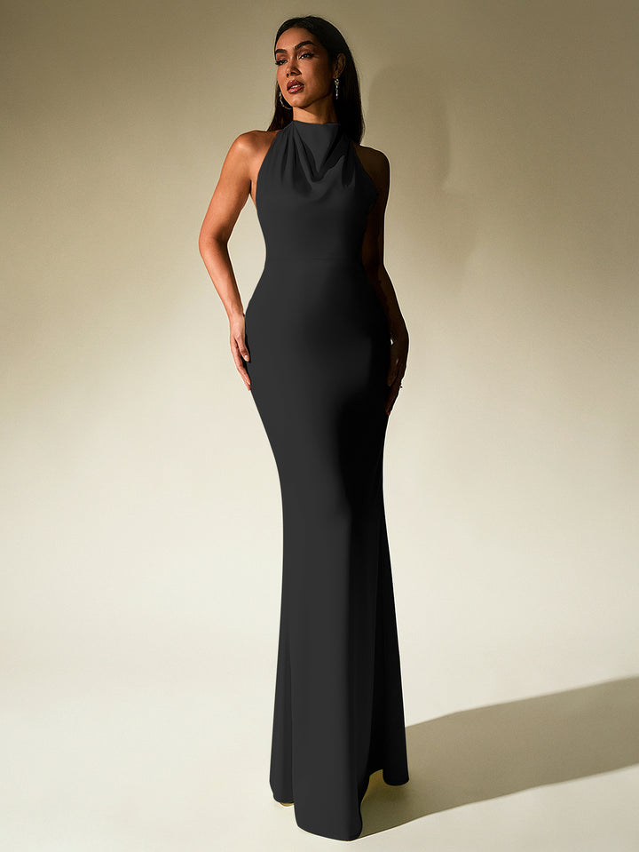 GUINEVERE Temperament Solid Sleeveless Halter Neck Backless Bodycon Maxi Dress