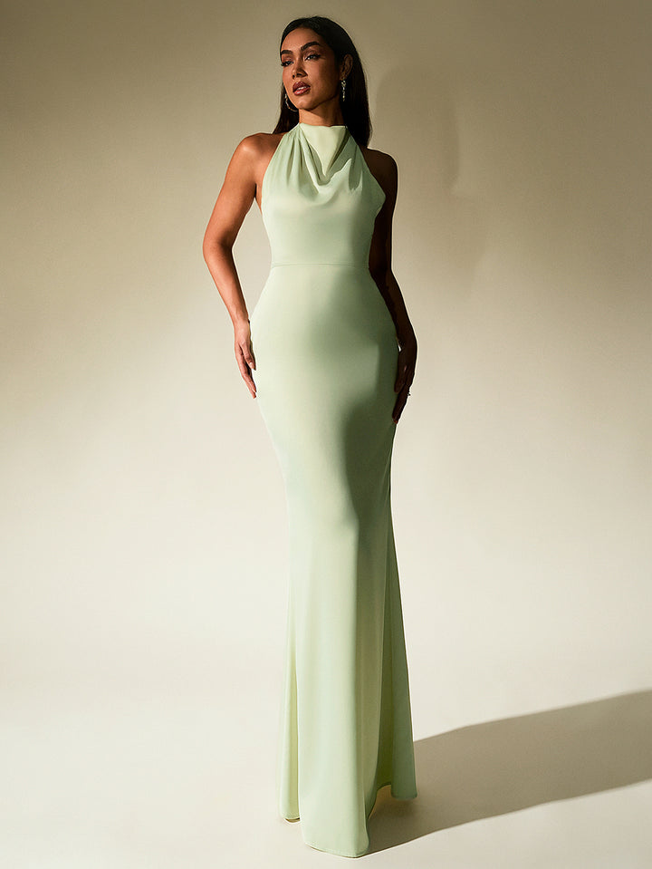 GUINEVERE Temperament Solid Sleeveless Halter Neck Backless Bodycon Maxi Dress