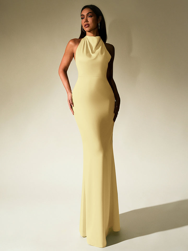 GUINEVERE Temperament Solid Sleeveless Halter Neck Backless Bodycon Maxi Dress