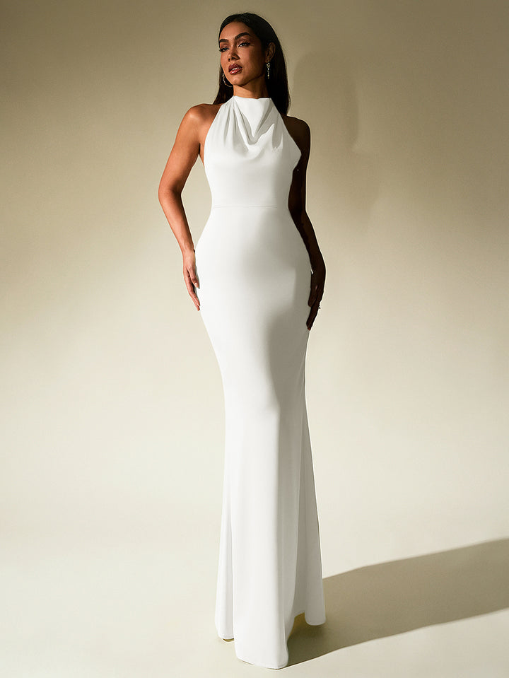 GUINEVERE Temperament Solid Sleeveless Halter Neck Backless Bodycon Maxi Dress