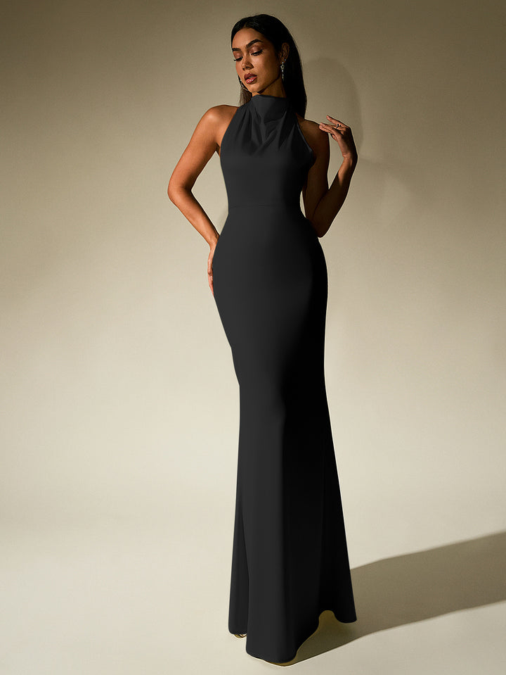 GUINEVERE Temperament Solid Sleeveless Halter Neck Backless Bodycon Maxi Dress