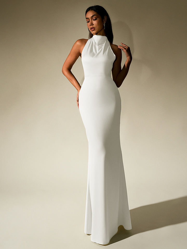 GUINEVERE Temperament Solid Sleeveless Halter Neck Backless Bodycon Maxi Dress