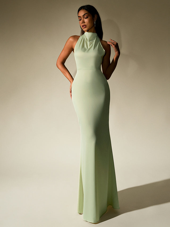 GUINEVERE Temperament Solid Sleeveless Halter Neck Backless Bodycon Maxi Dress