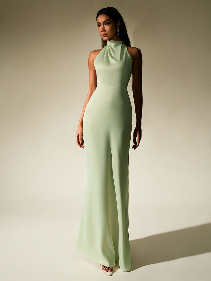 GUINEVERE Temperament Solid Sleeveless Halter Neck Backless Bodycon Maxi Dress