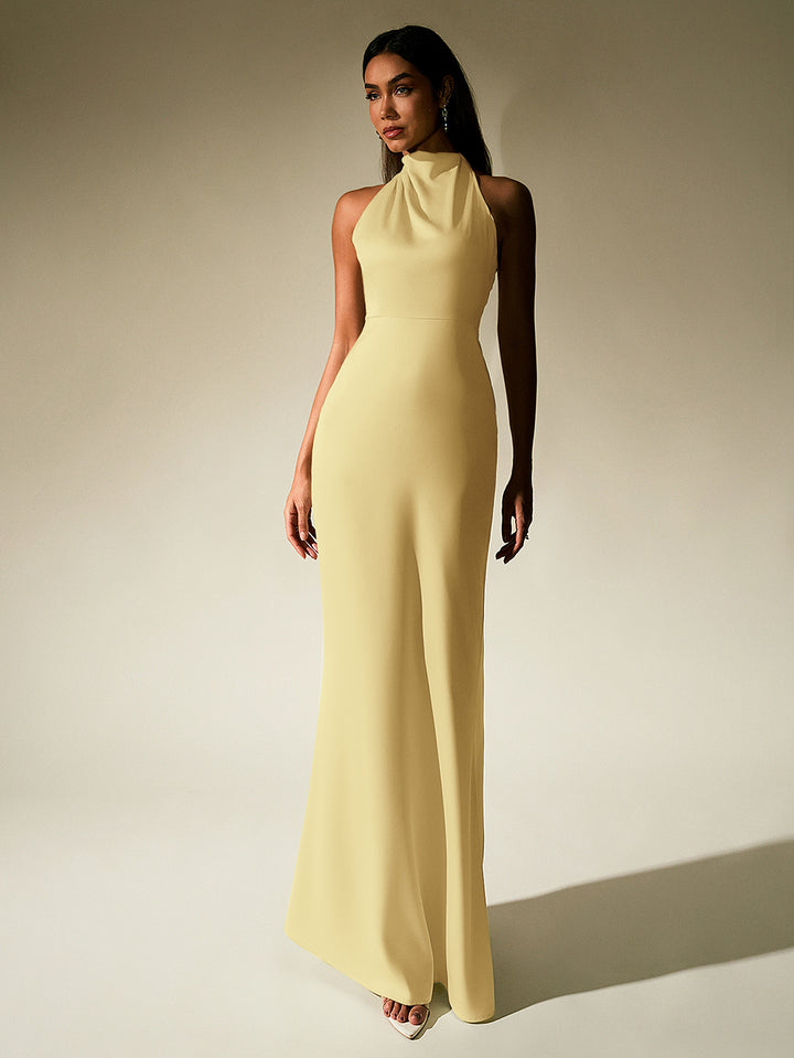 GUINEVERE Temperament Solid Sleeveless Halter Neck Backless Bodycon Maxi Dress