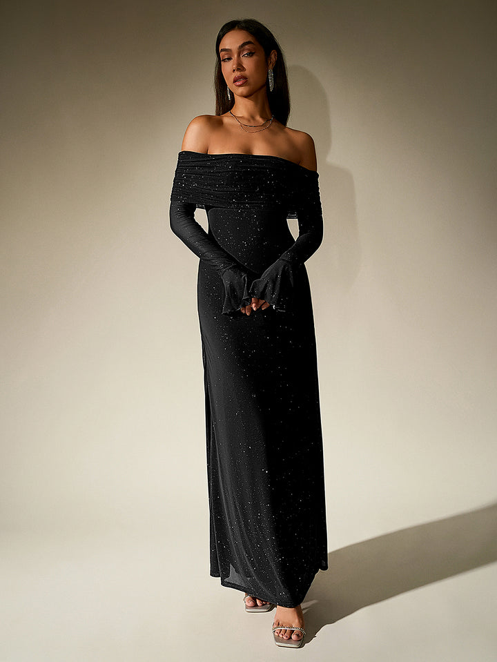 HAYLEY Elegant Mesh Sparkly Off-Shoulder Backless Long-Sleeved Bodycon Maxi Dress