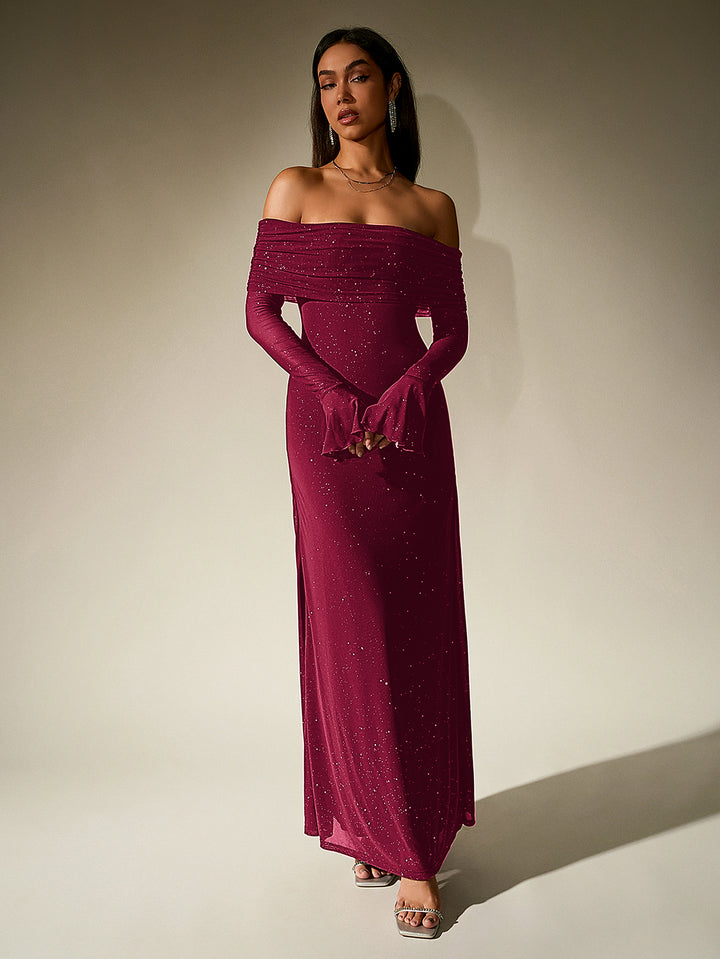 HAYLEY Elegant Mesh Sparkly Off-Shoulder Backless Long-Sleeved Bodycon Maxi Dress