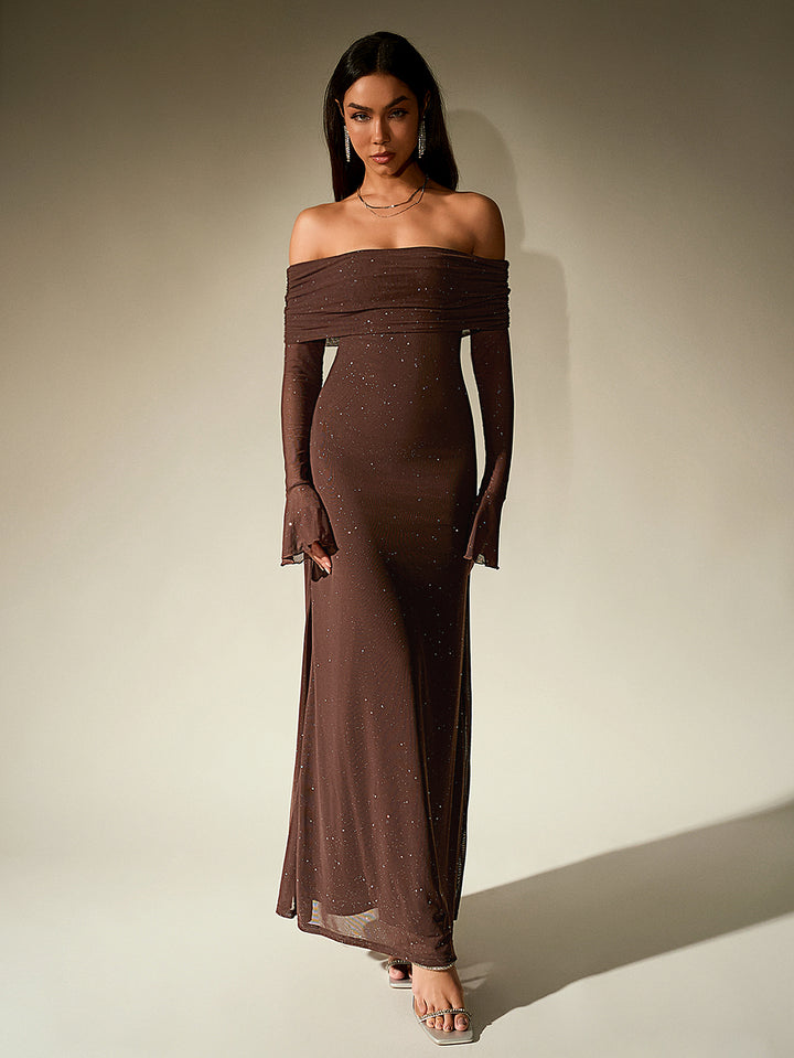 HAYLEY Elegant Mesh Sparkly Off-Shoulder Backless Long-Sleeved Bodycon Maxi Dress