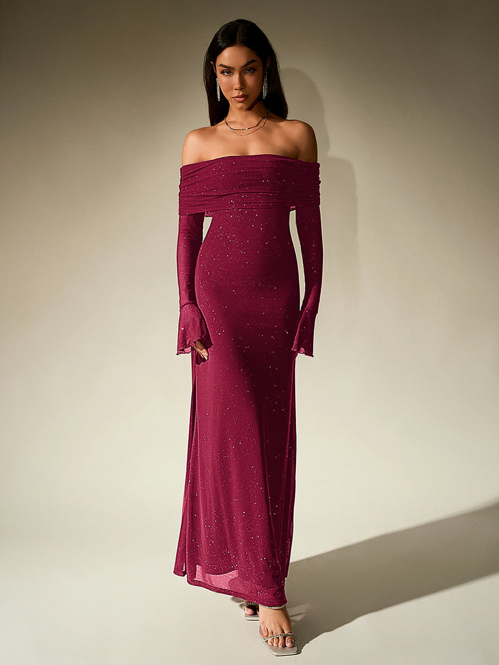 HAYLEY Elegant Mesh Sparkly Off-Shoulder Backless Long-Sleeved Bodycon Maxi Dress