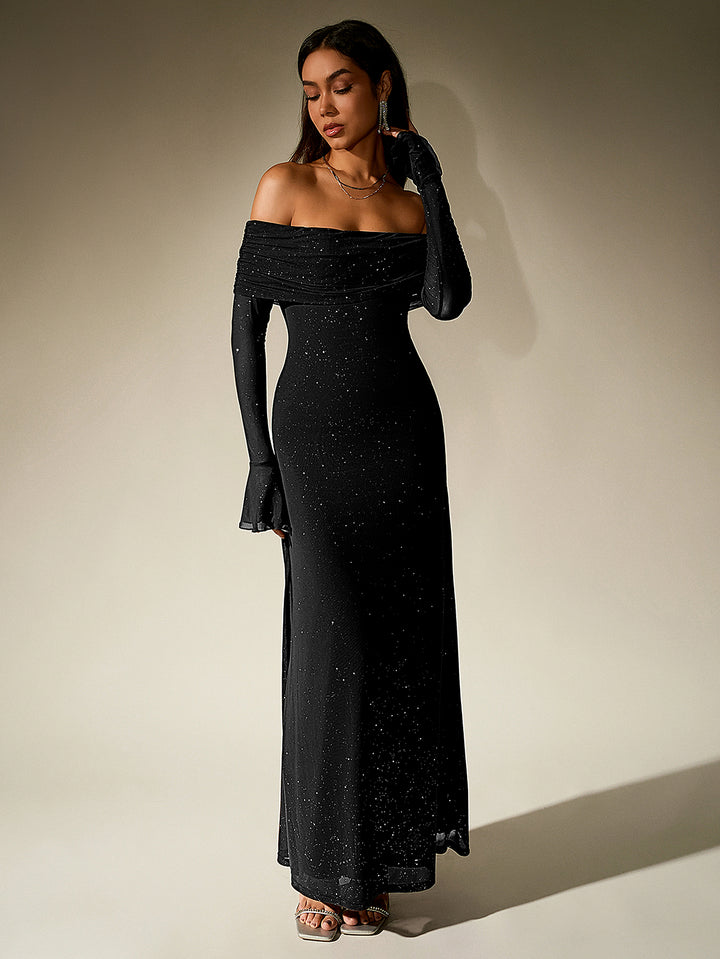 HAYLEY Elegant Mesh Sparkly Off-Shoulder Backless Long-Sleeved Bodycon Maxi Dress