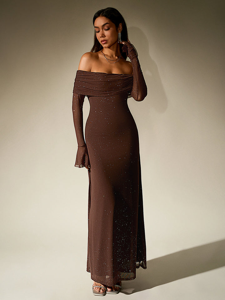 HAYLEY Elegant Mesh Sparkly Off-Shoulder Backless Long-Sleeved Bodycon Maxi Dress