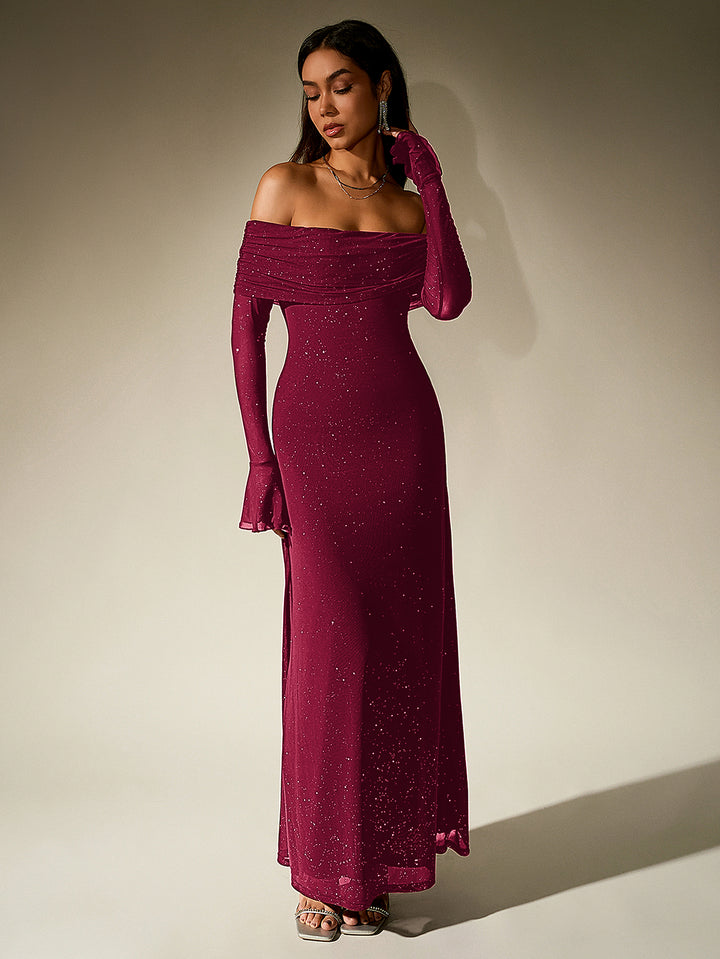 HAYLEY Elegant Mesh Sparkly Off-Shoulder Backless Long-Sleeved Bodycon Maxi Dress