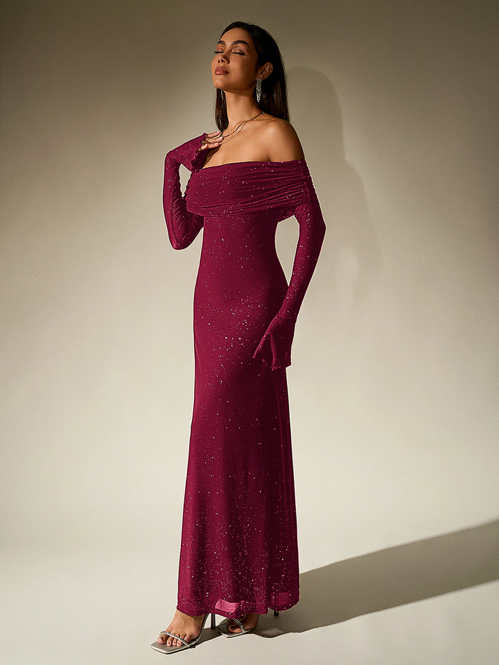 HAYLEY Elegant Mesh Sparkly Off-Shoulder Backless Long-Sleeved Bodycon Maxi Dress